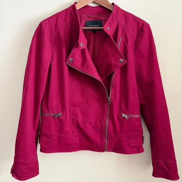 Banana Republic Moto Jacket Women M Red Wine Cotton Biker Zip Jacket Spring - Picture 5 of 7